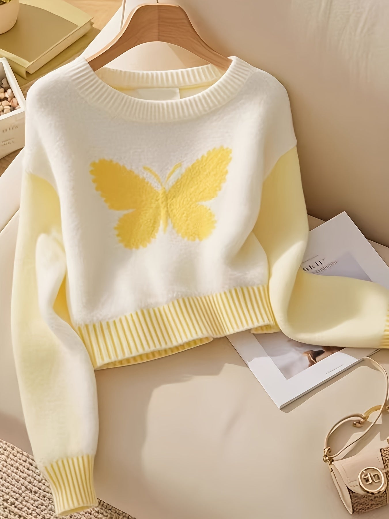 Sweet and Gentle Contrast Color Jacquard Butterfly Sweater Women's Long Sleeve Spring and Autumn New Fashion Soft Waxy Knit Top
